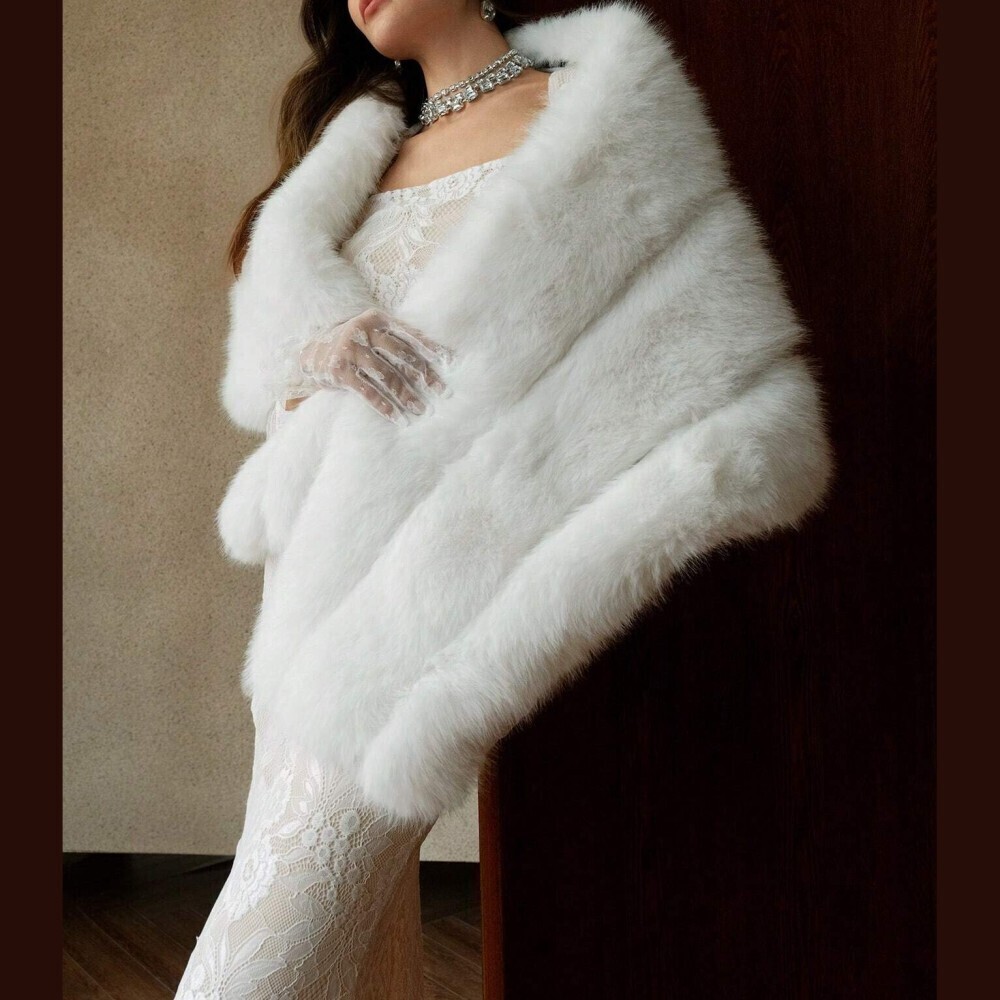 Ivory White Faux Fur Oversized Draped Wrap Shawl